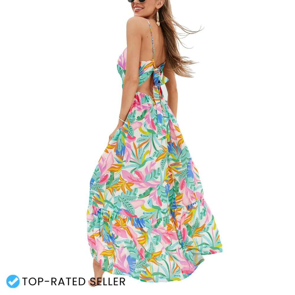 Maxi Dress Floral Print V Neck Sleeveless Self Tie Back Elegant Summer Casual